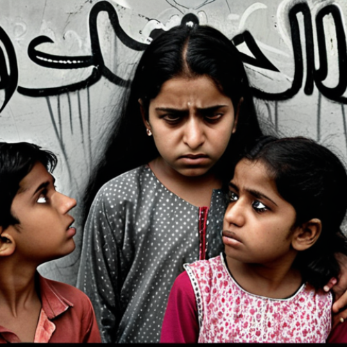 **Image Prompt:** A Pakistani family facing social stigma. A young girl looking sad while other children whisper and point. Overcast, grey tones. Reflects the feeling of isolation and societal pressure. Urdu script graffiti in the background.