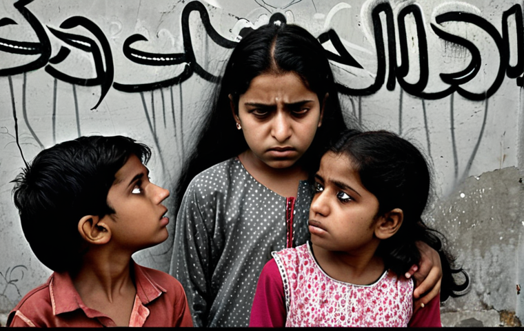 **Image Prompt:** A Pakistani family facing social stigma. A young girl looking sad while other children whisper and point. Overcast, grey tones. Reflects the feeling of isolation and societal pressure. Urdu script graffiti in the background.